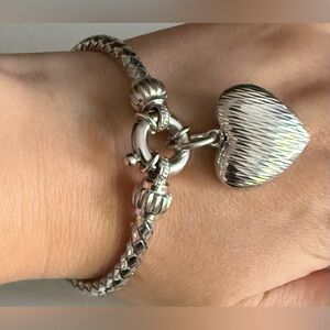 925 Italy Silver Vtg Heart Charm Basket Weave Bracelet